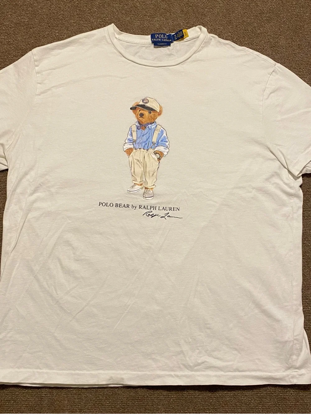 Polo by Ralph Lauren White Tee with Polo Bear in Blue Shirt and Tan Pants
